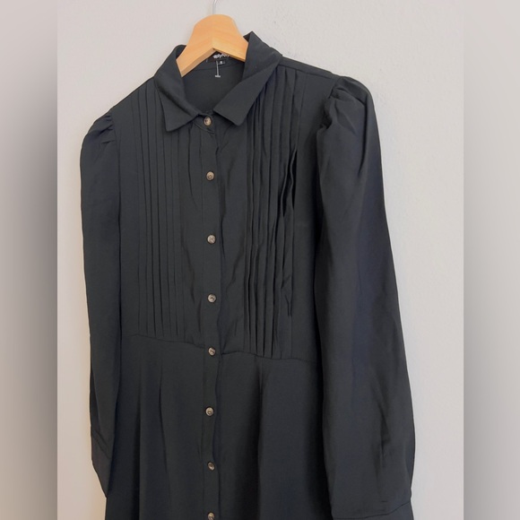 Black Pleated Long Sleeve Shirt Dress - Picture 3 of 11